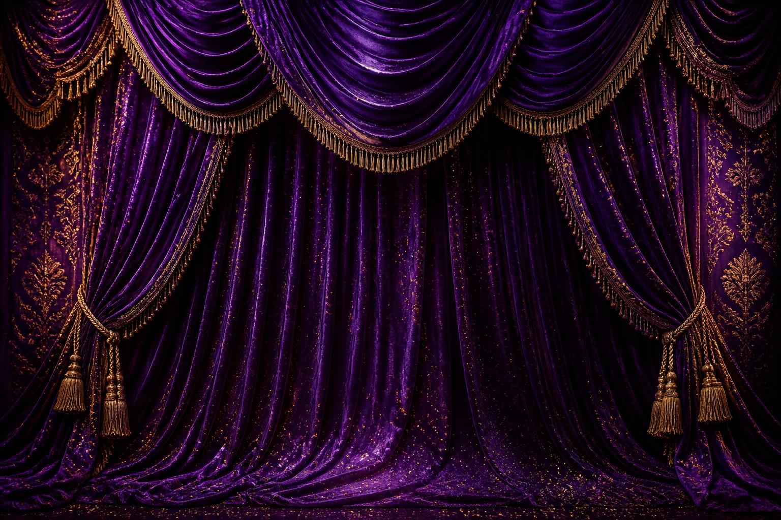 Purple velvet stage curtains trimmed with gold tassels